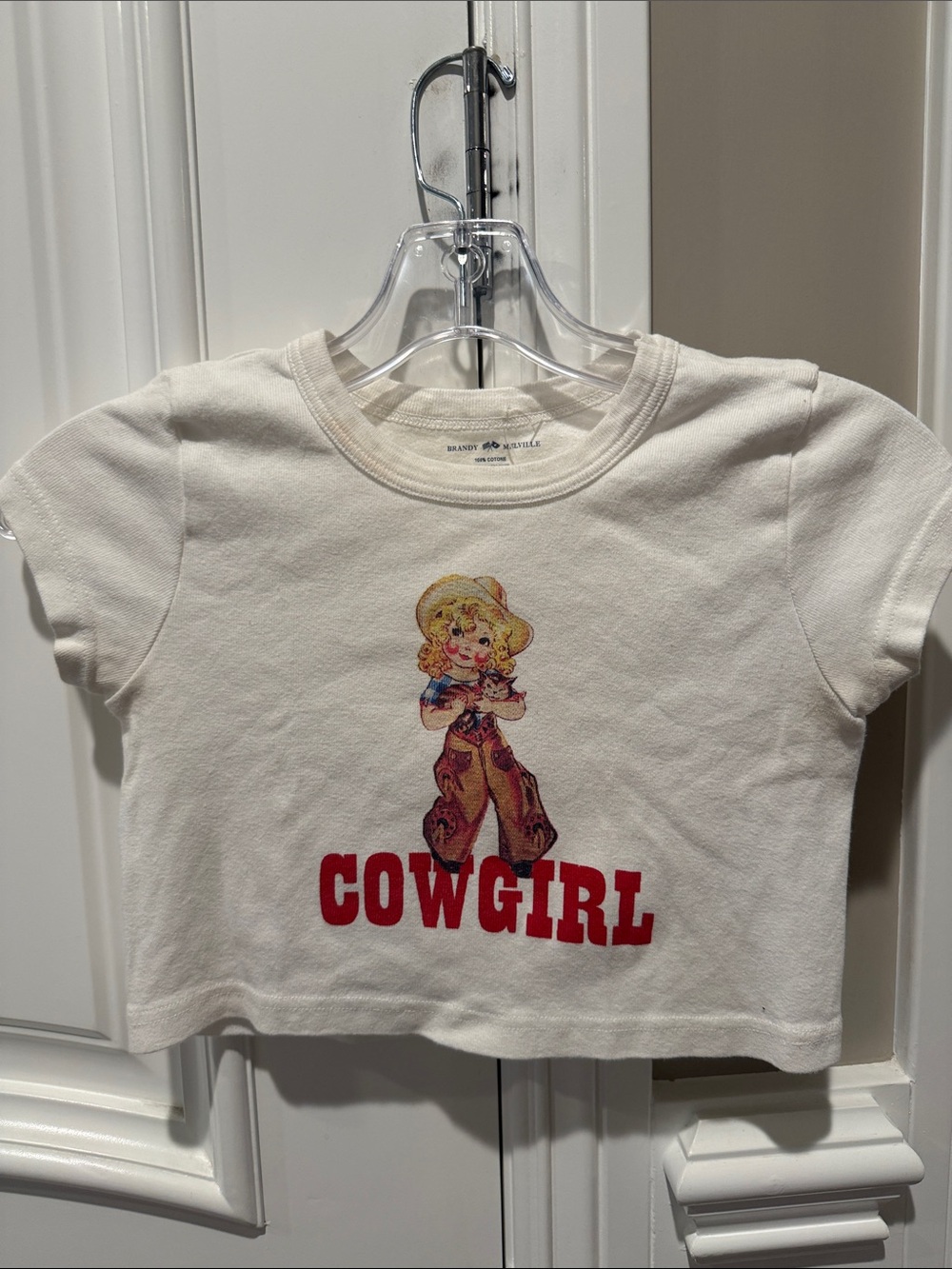 Brandy Melville White Cowgirl Graphic Crop Tee